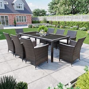 8 Seater Rattan Garden Furniture Dining Set 9 Piece Set with Table and Chairs Patio Outdoor Furniture Sets with Cushions BillyOh Siena, Black