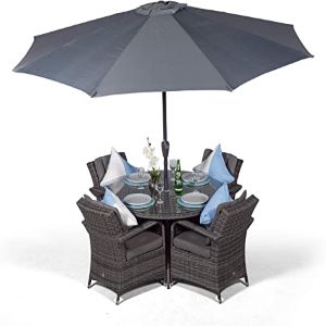 Arizona Luxury Rattan Dining Set | Round 4 Seater Grey Rattan Dining Set | Outdoor Poly Rattan Garden Table & Chairs Set | Patio Conservatory Wicker Garden Dining Furniture with Parasol & Cover