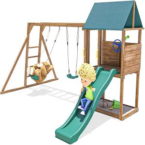 Dunster House SquirrelFort Climbing Frame Monkey Bars with Playhouse Slide