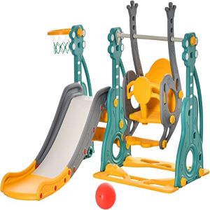 HOMCOM 3-IN-1 Kids Swing and Slide Set with Basketball Hoop Slide Swing Adjustable Seat Height Toddler Playground Activity Center Indoor and Outdoor Play Equipment