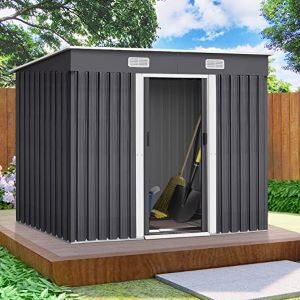 Shoze 6ft x 4ft Metal Garden Storage Shed Dark Grey Outside Tool House with Sliding Lockable Doors and Foundation for Backyard, Patio, Pool