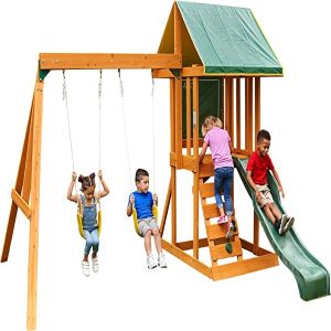 KidKraft F24148E Appleton Wooden Swing Set with Slide, Swing, Climbing Wall and Sandpit for Garden | Outdoor Play Tower for Kids, Wood, Multicolour