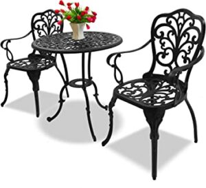 Homeology BANGUI Garden & Patio Table & 2 Large Chairs with Armrests Cast Aluminium Bistro Set - Black