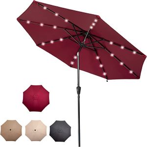 CAMORSA 2.7M Garden Parasol with Solar-Powered LED Lights, Patio Umbrella with 8 Sturdy Ribs, Outdoor Sunshade Canopy with Crank and Tilt Mechanism UV Protection for Deck, Patio and Balcony,