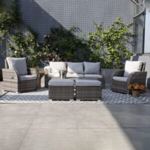 WeCooper Outdoor Rattan Garden Furniture Set,6Pieces PE Wicker Patio Sectional Sofa, All Weather Conversation Sets,1 Coffee Table,2Recliners,2Ottoman Footrests,Washable Cushions,Deep Grey