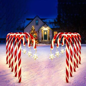 Christmas Candy Cane Lights, 10 in 1 Christmas Candy Cane Pathway Marker Lights Solar Powered Outdoor Xmas Decorations Stake Light with Shining Star for...