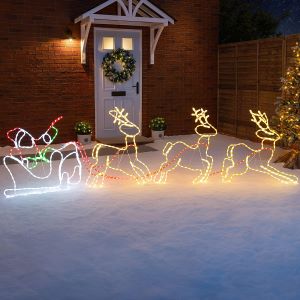 CHRISTOW Santa Sleigh Reindeer Light Outdoor Christmas Decoration, Energy Efficient LED Rope Light, Freestanding Flashing Silhouette, Mains Operated (300cm)